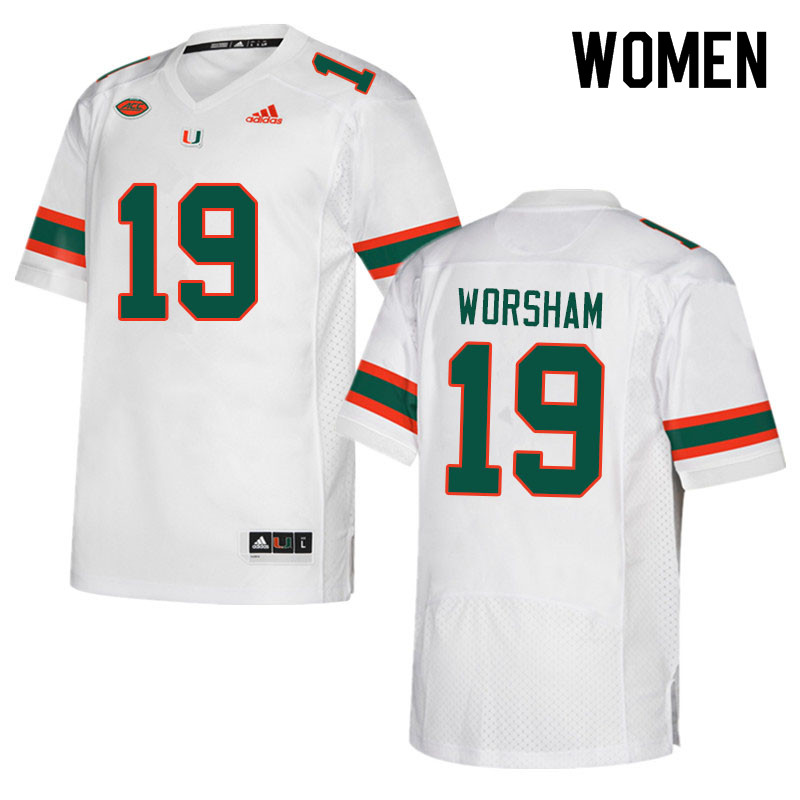 Women #19 Dazalin Worsham Miami Hurricanes College Football Jerseys Sale-White - Click Image to Close